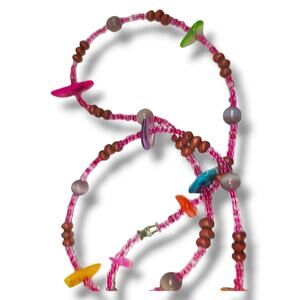 Boho Beachy Pink Glass Shell & Wood Bead Station Necklace 18"